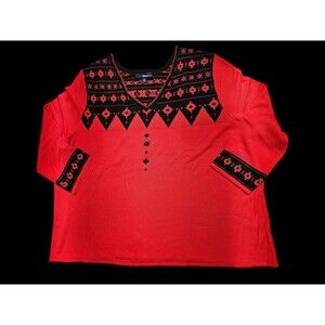 Denim 24/7 Woman 4X Red Black Snowflake V-Neck Pullover Tunic Sweater Holiday